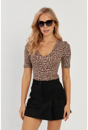 Kadın Camel-Siyah V Yaka Leopar Bluz LPP1263