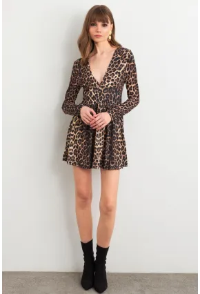 Kadın Camel-Siyah V Yaka Leopar Mini Elbise LİK17