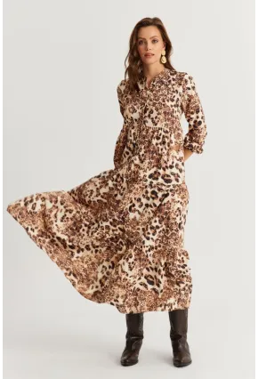 Kadın Camel-Siyah Volanlı Desenli Maxi Elbise MYLE14