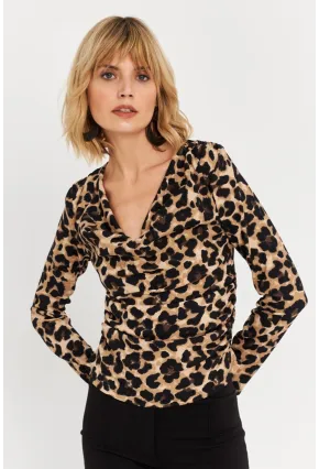 Kadın Camel-Siyah Yanları Büzgülü Degaje Leopar Bluz FRY2272