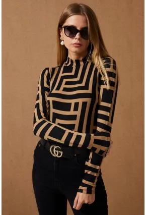 Kadın Camel-Siyah Yarım Balıkçı Desenli Bluz LPP1147