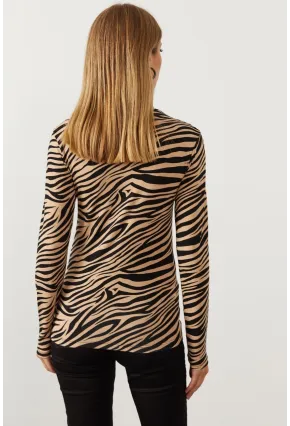 Kadın Camel-Siyah Yarım Balıkçı Zebra Desen Bluz LPP1133