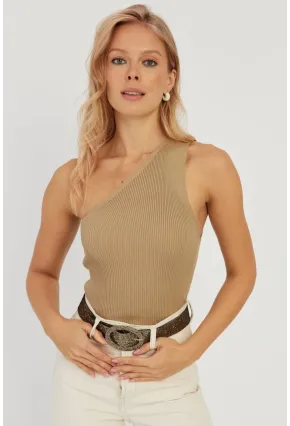 Kadın Camel Tek Omuz Triko Bluz YV90