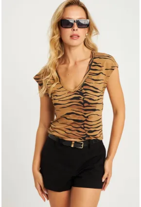 Kadın Camel V Yaka Desenli Bluz LPP1285