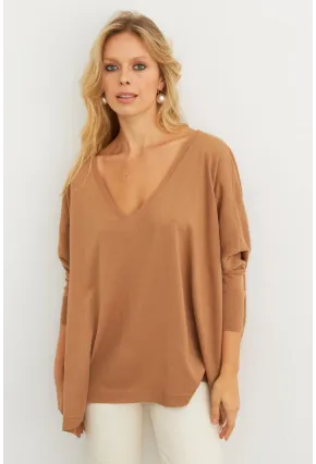 Kadın Camel V Yaka Salaş Bluz YV304