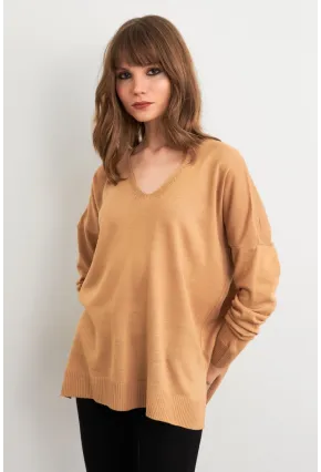 Kadın Camel V Yaka Triko Kazak YİL549