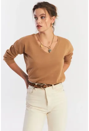 Kadın Camel V Yaka Yalaş Triko Bluz YİL552