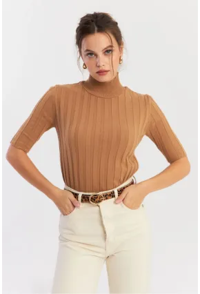 Kadın Camel Yarım Balıkçı Triko Bluz YV287