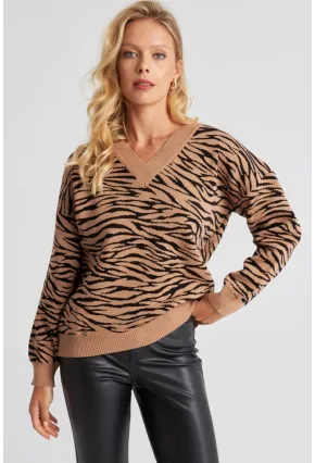 Kadın Camel Zebra Desenli Triko Kazak YZ521
