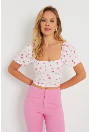 Kadın Çiçekli Crop Bluz Beyaz AYD270