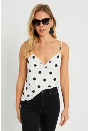 Kadın Degaje Yaka Puantiyeli Bluz Beyaz-Siyah LPP1255