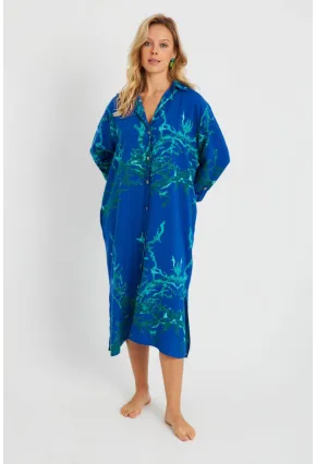 Kadın Desenli Gömlek Elbise Saks LV174