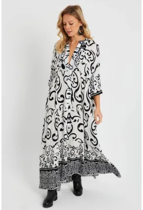 Kadın Desenli Salaş Maxi Elbise Beyaz-Siyah Q981