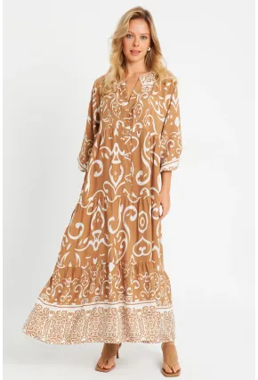 Kadın Desenli Salaş Maxi Elbise Camel Q981