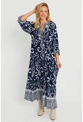 Kadın Desenli Salaş Maxi Elbise Lacivert Q981
