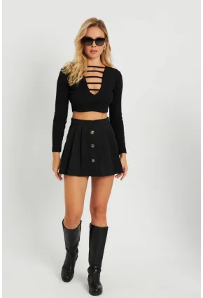 Kadın Düğme Detaylı Şort Etek Siyah KED0051