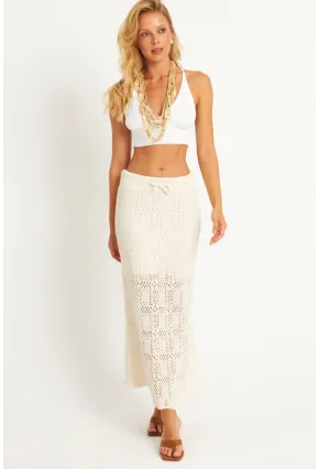 Kadın Ekru Ajurlu Astarlı Triko Maxi Etek TOP05