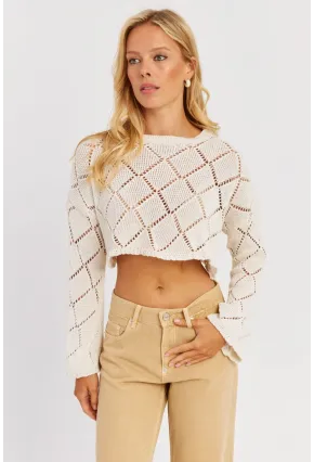 Kadın Ekru Ajurlu Kısa Triko Bluz YZ628