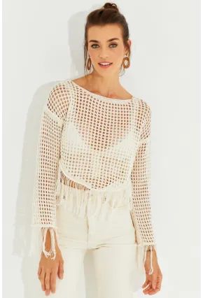 Kadın Ekru Ajurlu Püsküllü Triko Bluz KZ2462