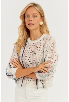 Kadın Ekru Ajurlu Renkli Triko Bluz MİW2761