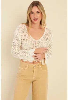 Kadın Ekru Ajurlu Triko Bluz MZU603