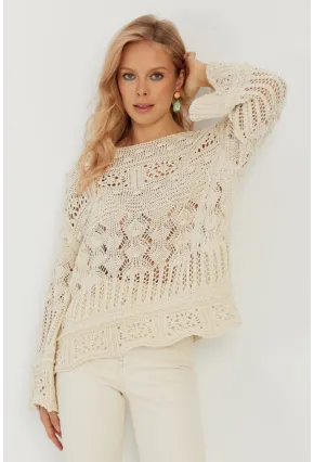 Kadın Ekru Ajurlu Triko Bluz YZ620