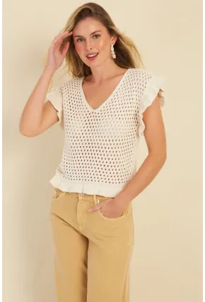 Kadın Ekru Ajurlu Triko Bluz ZU607