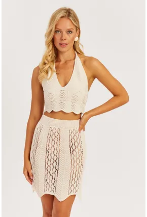 Kadın Ekru Ajurlu Triko Etek MZU608
