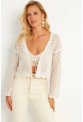 Kadın Ekru Ajurlu Triko Hırka YV248