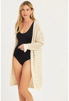 Kadın Ekru Ajurlu Triko Hırka ZU608