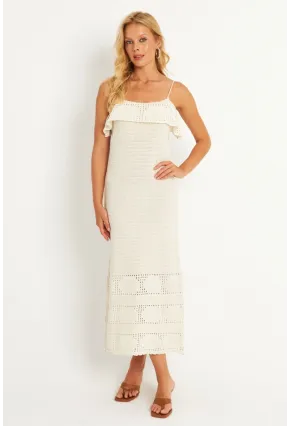 Kadın Ekru Ajurlu Triko Midi Elbise HC1569