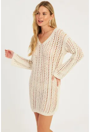 Kadın Ekru Ajurlu Triko Mini Elbise MZU605