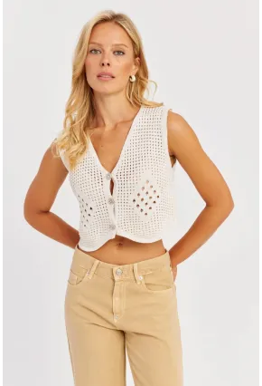 Kadın Ekru Ajurlu Triko Yelek YZ627