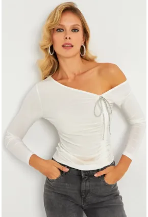 Kadın Ekru Aksesuarlı Büzgülü Bluz GÇ189