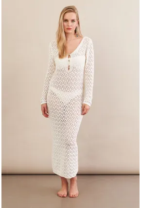 Kadın Ekru Aksesuarlı Triko Plaj Elbisesi KZ3237-90
