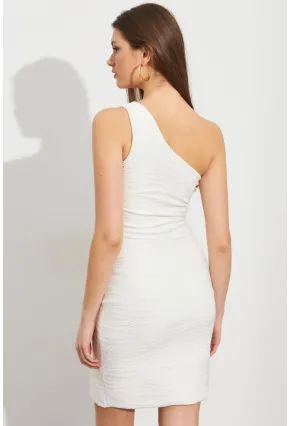Kadın Ekru Asimetrik Yaka Astarlı Mini Elbise LİT109-1