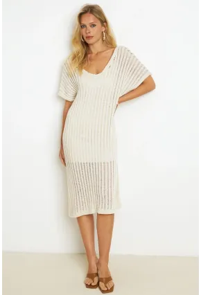 Kadın Ekru Astarlı Simli Triko Midi Elbise ET04