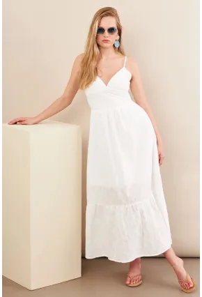 Kadın Ekru Ayarlanabilir Askılı Fistolu Midi Elbise İRE100