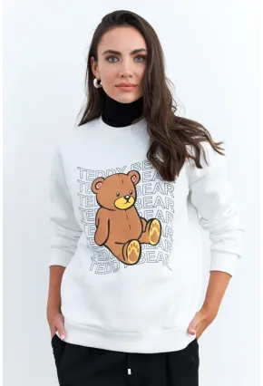 Kadın Ekru Ayıcık Baskılı Sweatshirt MZM288