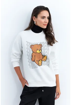 Kadın Ekru Ayıcık Baskılı Sweatshirt ZM288