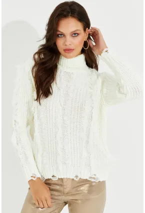 Kadın Ekru Balıkçı Yaka Püsküllü Triko Kazak KZ2471