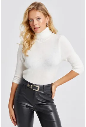 Kadın Ekru Balıkçı Yaka Triko Kazak KZ2499