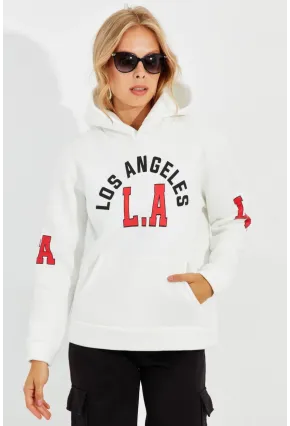 Kadın Ekru Baskılı Kapüşonlu Sweatshirt DA146