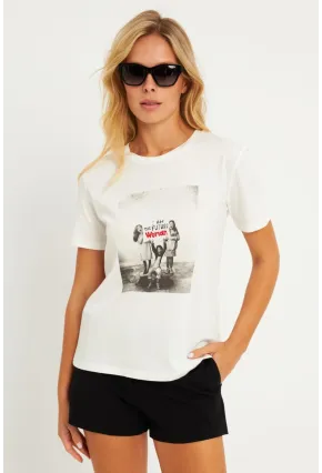 Kadın Ekru Baskılı T-Shirt AYD322