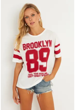 Kadın Ekru Baskılı T-Shirt AYD323