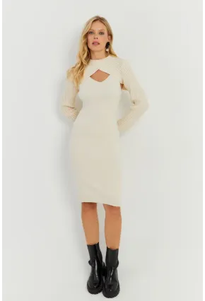 Kadın Ekru Bolerolu Triko Maxi Elbise YZ558