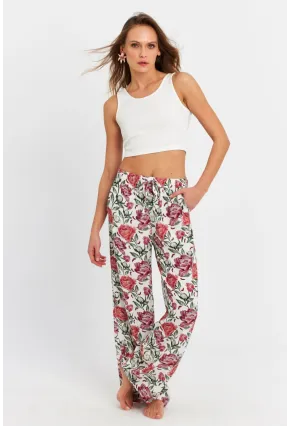 Kadın Ekru-Bordo Çiçek Desenli Pantolon FLS03