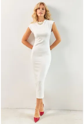 Kadın Ekru Boyun Bağlamalı Büzgülü Midi Elbise KED4281
