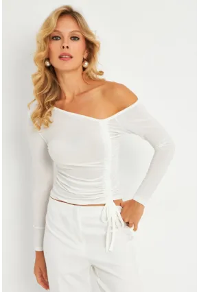 Kadın Ekru Büzgülü Bluz GÇ188