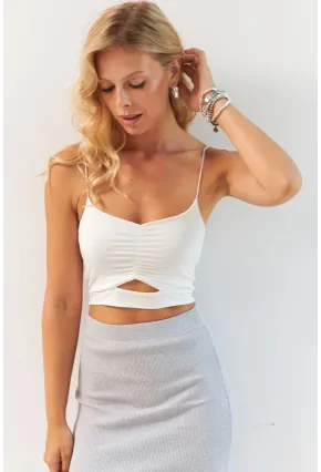 Kadın Ekru Büzgülü Crop Bluz MSH125